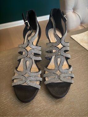 Black Rhinestone Strappy Heeled Sandals - Women